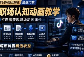 抖音16W粉丝博主规则门禁的AI职场认知动画教学,从赛道定位、账号包装,到文案创作、配音定制、AI成片,解锁抖音精选收益