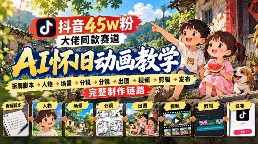 抖音45W粉大佬同款赛道AI怀旧动画实战课:拆解脚本→人物→场景→分镜→出图→视频→剪辑→发布完整制作链路