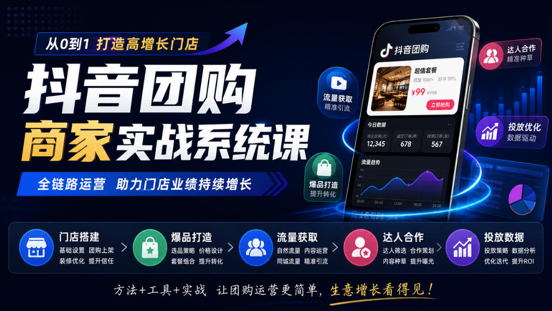 抖音团购商家实战系统课|门店搭建、爆品打造、流量获取、达人合作、投放数据全链路运营