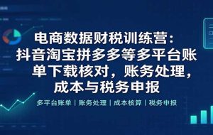 电商数据财税训练营：抖音淘宝拼多多等多平台账单下载核对，账务处理，成本与税务申报