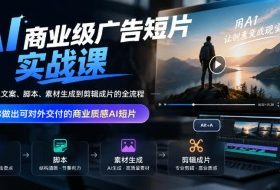 AI商业级广告短片实战课，覆盖从文案、脚本、素材生成到剪辑成片的全流程，帮你做出可对外交付的商业质感AI短片