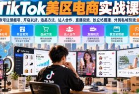 TikTok美区电商实战课，覆盖账号注册起号、开店发货、选品方法、达人合作、直播投流、独立站搭建、外贸私域引流全模块