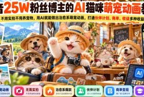 抖音25W粉丝博主的AI猫咪萌宠动画教学，不用实拍不用养宠物，用AI就能做出治愈系萌宠动画，打通伙伴计划、商单、收徒多种收益