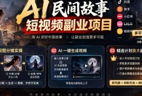 AI民间故事短视频副业项目，多平台流量分成，三视图分镜实操，精选计划放大副业收益