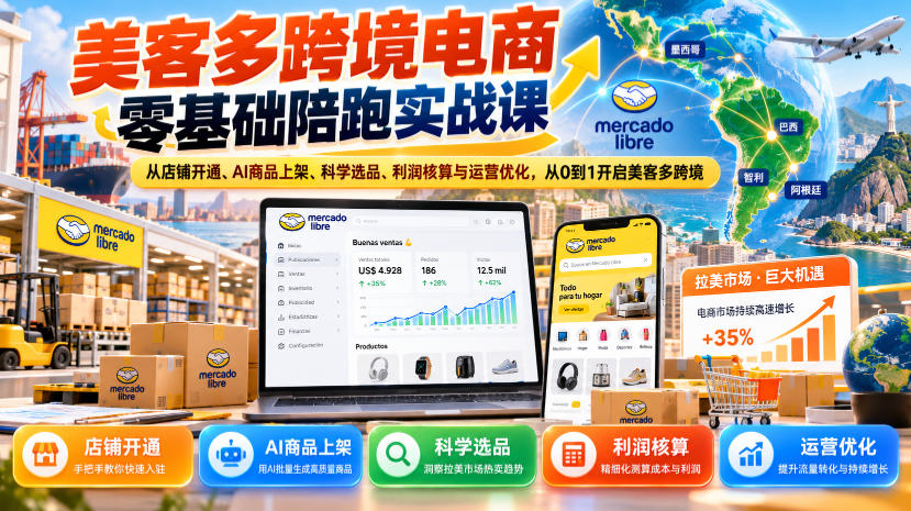 美客多跨境电商零基础陪跑实战课：从店铺开通、AI商品上架、科学选品、利润核算与运营优化，从0到1开启美客多跨境