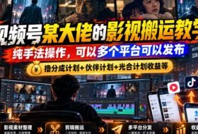 视频号某大佬的影视搬运教学,纯手法操作,可以多个平台可以发布,撸分成计划+伙伴计划+光合计划收益等
