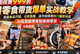 外面收费999的AI零食带货爆单实战教学,覆盖食品开箱、仓库直播、超市抢购等热门爆款场景,AI批量做零食短视频带货