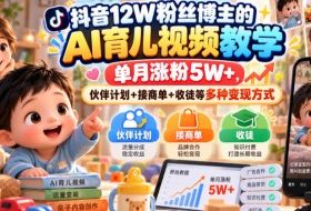 抖音12W粉丝博主的AI育儿视频教学,单月涨粉5W+,伙伴计划+接商单+收徒等多种变现方式