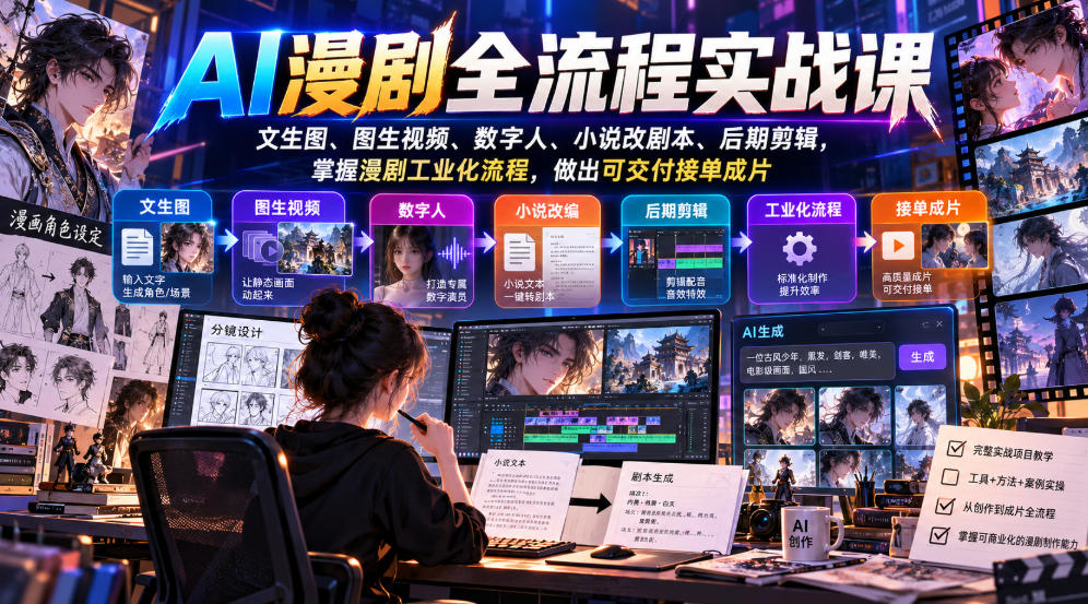 AI漫剧全流程实战课,文生图、图生视频、数字人、小说改剧本、后期剪辑,掌握漫剧工业化流程,做出可交付接单成片