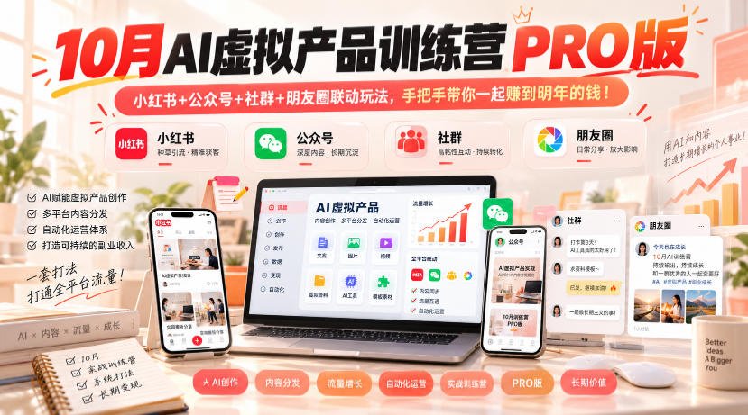 10月AI虚拟产品训练营PRO版,小红书+公众号+社群+朋友圈联动玩法,手把手带你一起赚到明年的钱!