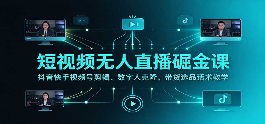 短视频无人直播掘金课：抖音快手视频号剪辑、数字人克隆、带货选品话术教学