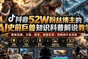 抖音52W粉丝博主的AI史前巨兽知识科普解说教学，覆盖选题、文案、配音、画面生成、剪辑成片全流程
