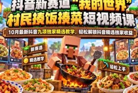 抖音新赛道“我的世界”村民揍饭揍菜短视频课，10月最新抖音九项独家精选教学，轻松解锁抖音精选独家收益
