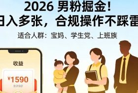 2026男粉掘金项目，日入多张，合规操作不踩雷，3分钟一个原创，当天可变现，适合宝妈、学生党、上班族【揭秘】