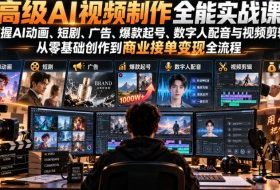 高级AI视频制作全能实战课：掌握AI动画、短剧、广告、爆款起号、数字人配音与视频剪辑，从零基础创作到商业接单变现全流程