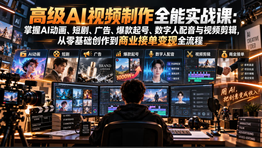高级AI视频制作全能实战课：掌握AI动画、短剧、广告、爆款起号、数字人配音与视频剪辑，从零基础创作到商业接单变现全流程