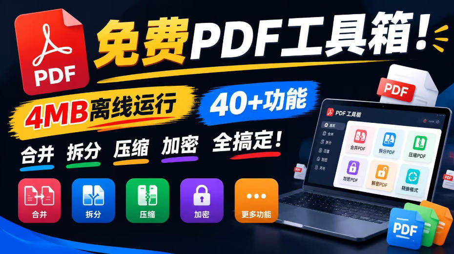 免费PDF工具箱!4MB离线运行,40+功能,合并拆分压缩加密全搞定!
