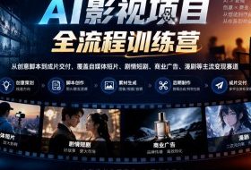 AI影视项目全流程训练营，从创意脚本到成片交付，覆盖自媒体短片、剧情短剧、商业广告、漫剧等主流变现赛道