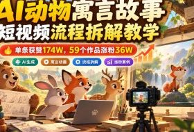 AI动物寓言故事短视频流程拆解教学,单条获赞174W,59个作品涨粉36W