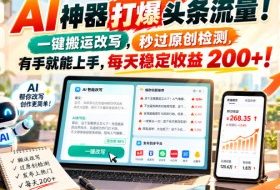 AI神器打爆头条流量，一键搬运改写，秒过原创检测，有手就能上手，每天稳定收益200+！【揭秘】