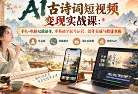 AI古诗词短视频变现实战课：手机+电脑双端制作，零基础学起号运营、创作分成与收徒变现