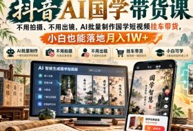 抖音AI国学带货课,不用拍摄、不用出镜,AI批量制作国学短视频挂车带货,小白也能落地月入1W+